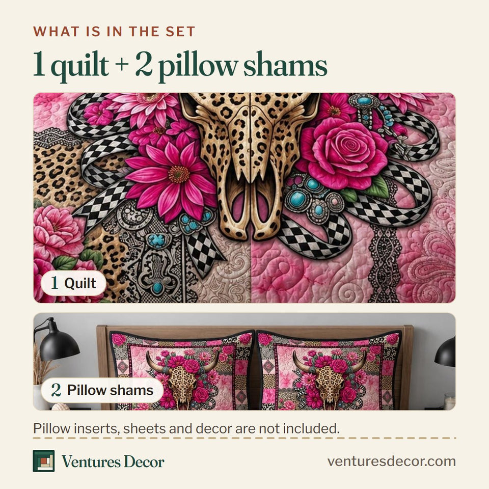 What is in the set: one quilt and two pillow shams, shown in the Western Glam design