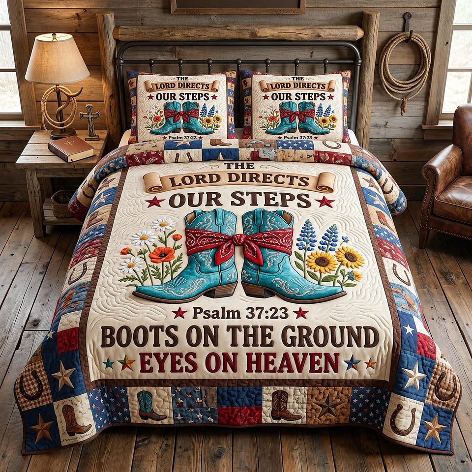Western Grace Boots On The Ground quilted bedding set, quilt and two pillow shams on a made bed