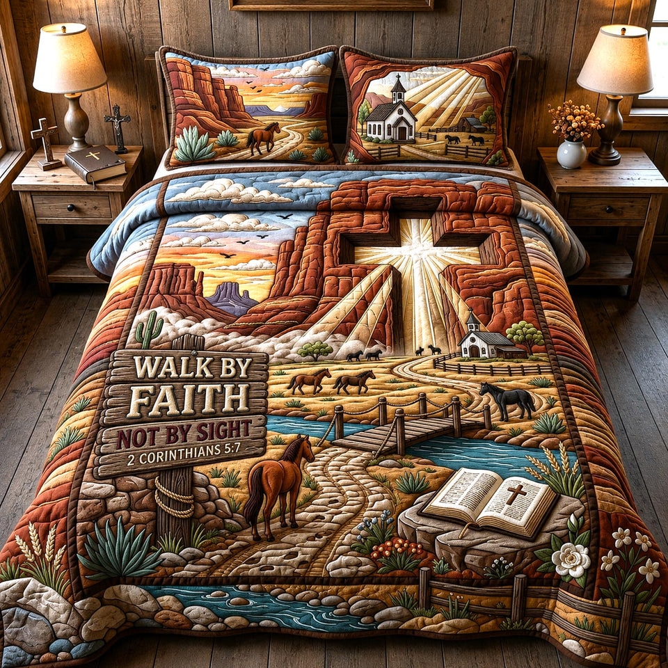 Western Grace Canyon Road Shining Cross quilted bedding set, quilt and two pillow shams on a made bed