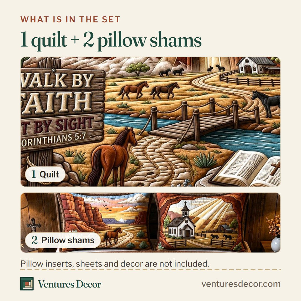 What is in the set: one quilt and two pillow shams, shown in the Western Grace Canyon Road Shining Cross design