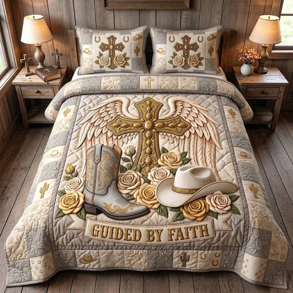 Western Grace Cream Patch Cream Roses quilted bedding set, quilt and two pillow shams on a made bed
