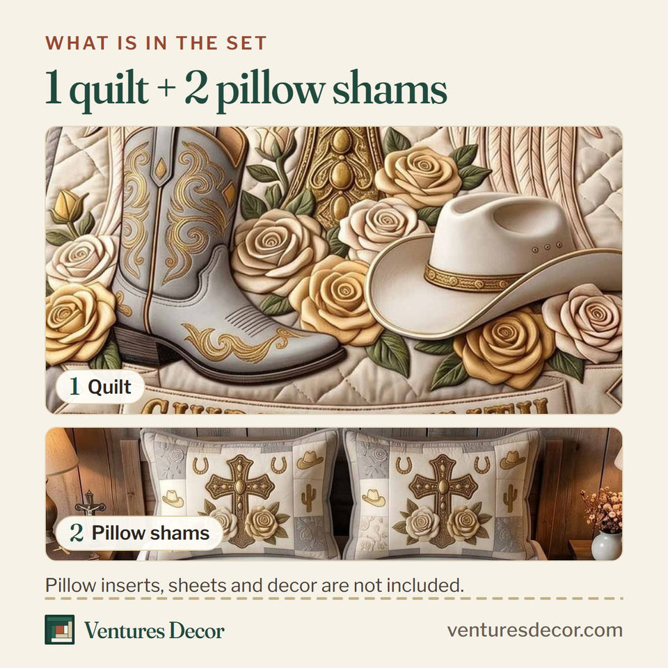 What is in the set: one quilt and two pillow shams, shown in the Western Grace Cream Patch Cream Roses design