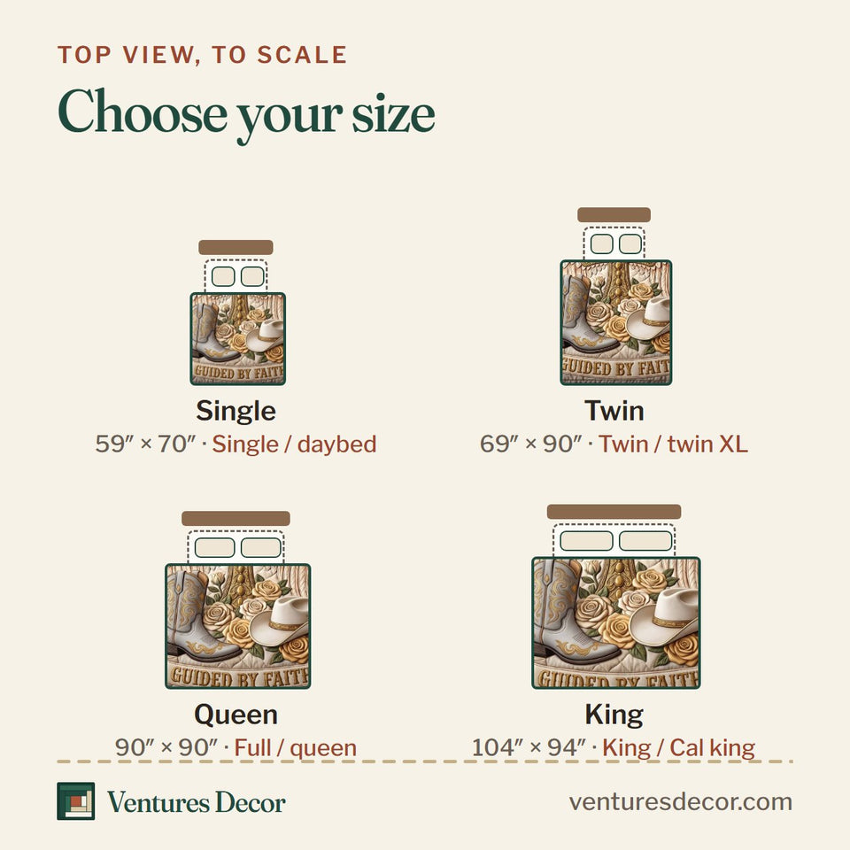 Size guide for the Western Grace Cream Patch Cream Roses quilt, top view to scale: Single 59 x 70 in, Twin 69 x 90 in, Queen 90 x 90 in, King 104 x 94 in