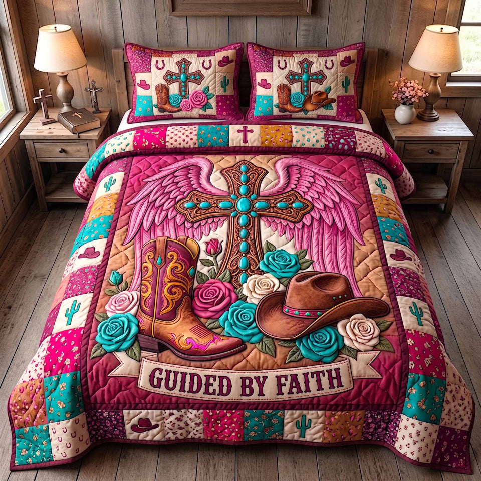 Western Grace Magenta Patch Winged Cross quilted bedding set, quilt and two pillow shams on a made bed