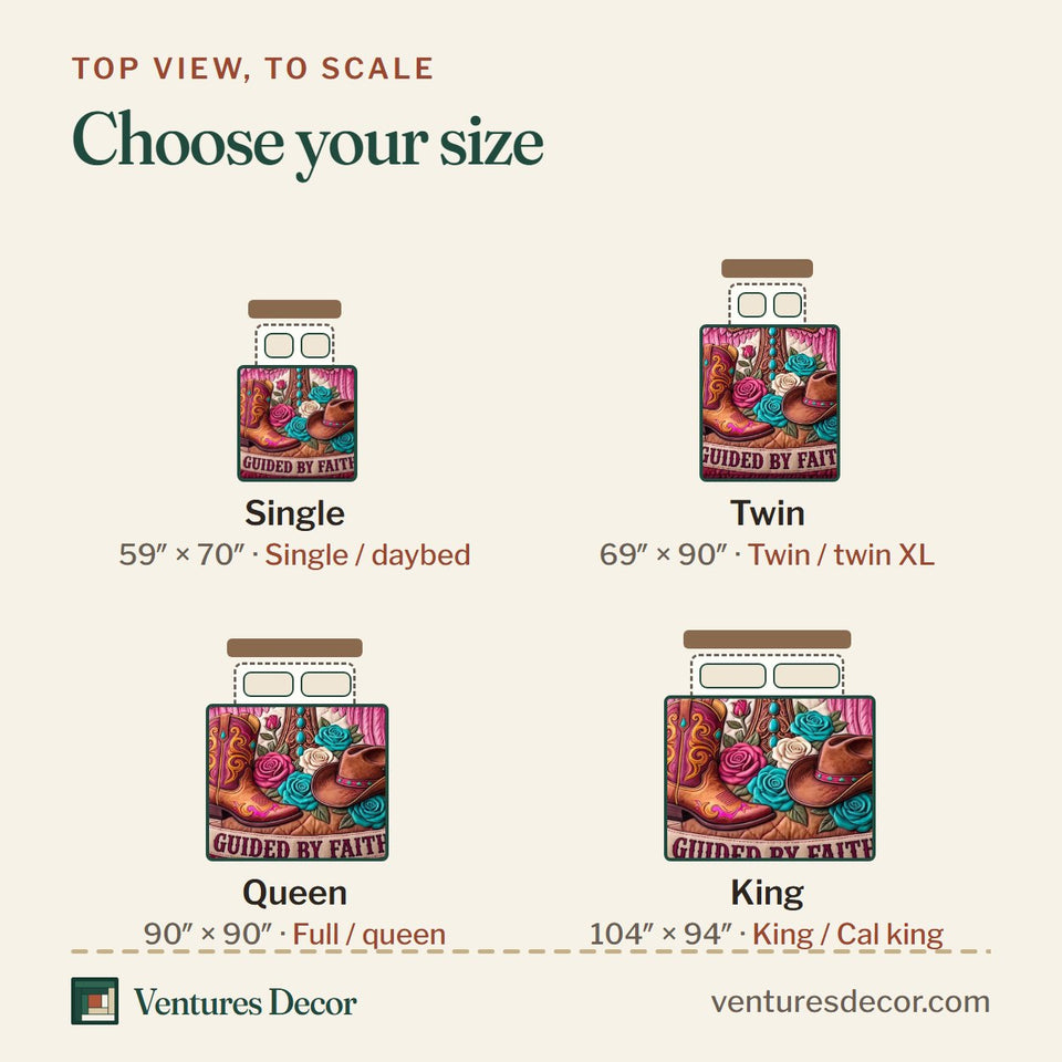 Size guide for the Western Grace Magenta Patch Winged Cross quilt, top view to scale: Single 59 x 70 in, Twin 69 x 90 in, Queen 90 x 90 in, King 104 x 94 in