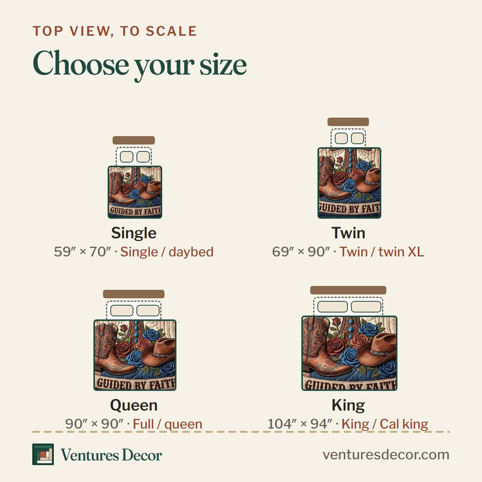 Size guide for the Western Grace Navy Patch Winged Cross quilt, top view to scale: Single 59 x 70 in, Twin 69 x 90 in, Queen 90 x 90 in, King 104 x 94 in
