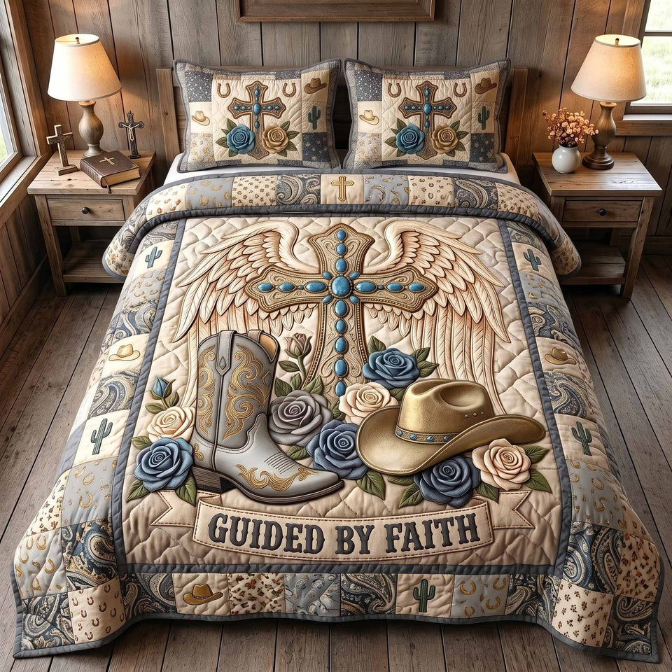 Western Grace Silver Grey Winged Cross quilted bedding set, quilt and two pillow shams on a made bed
