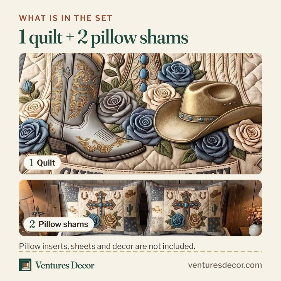 What is in the set: one quilt and two pillow shams, shown in the Western Grace Silver Grey Winged Cross design