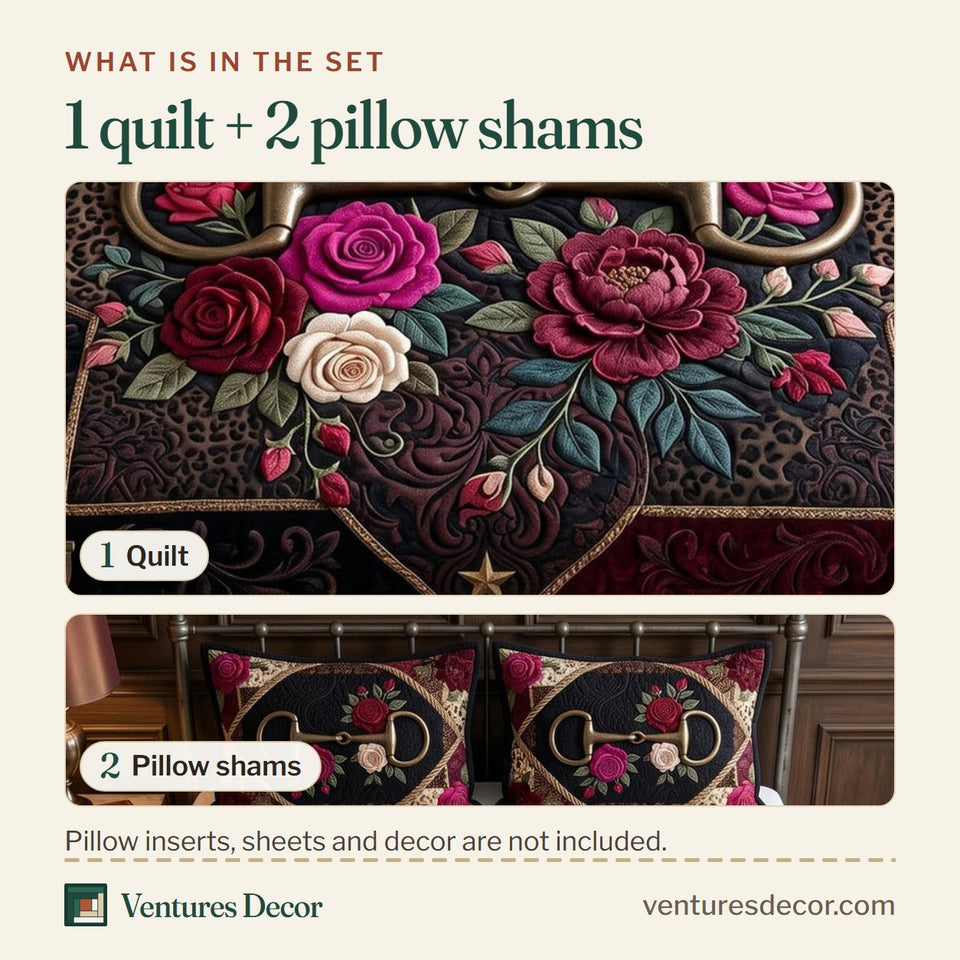What is in the set: one quilt and two pillow shams, shown in the Western Heritage design