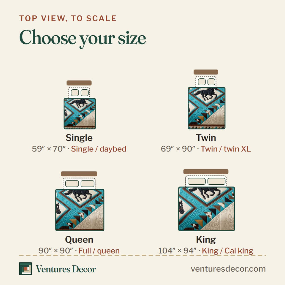 Size guide for the Western Horse Frames quilt, top view to scale: Single 59 x 70 in, Twin 69 x 90 in, Queen 90 x 90 in, King 104 x 94 in
