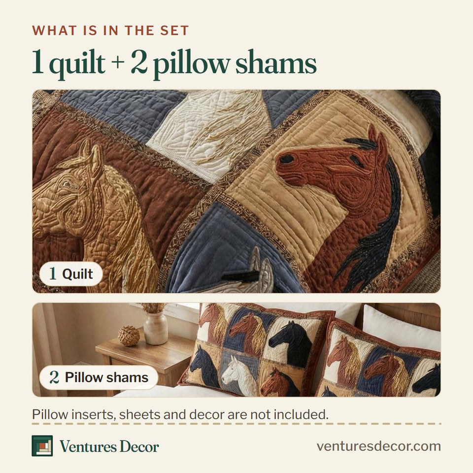 What is in the set: one quilt and two pillow shams, shown in the Western Horses design