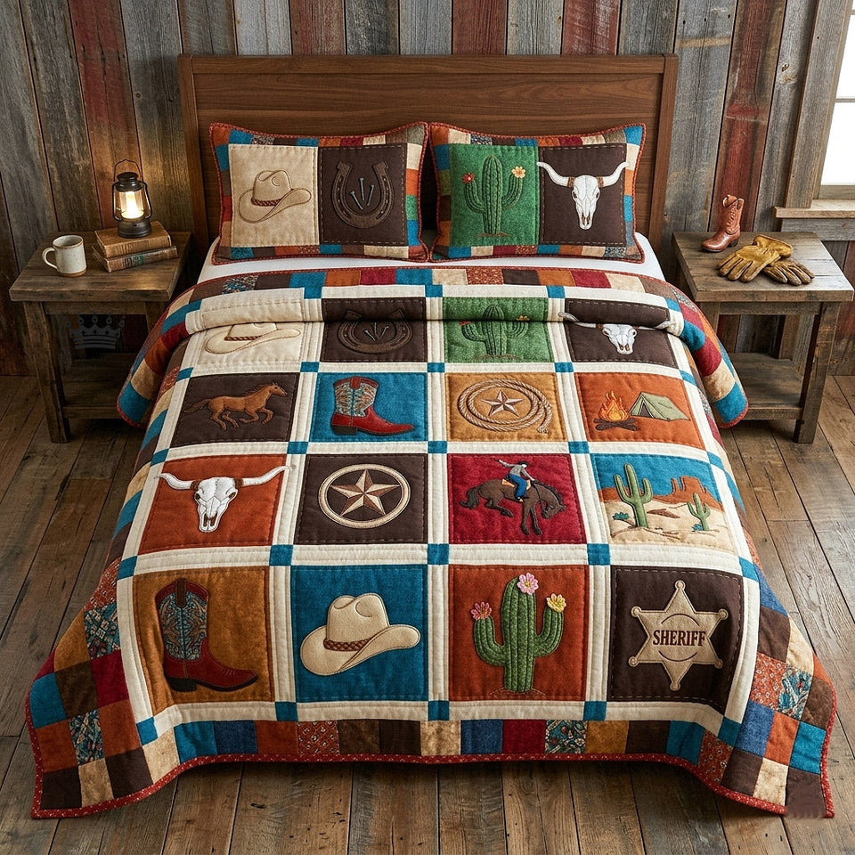 Western Icons Ranch Blocks quilted bedding set, quilt and two pillow shams on a made bed