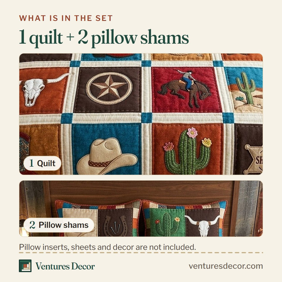 What is in the set: one quilt and two pillow shams, shown in the Western Icons Ranch Blocks design