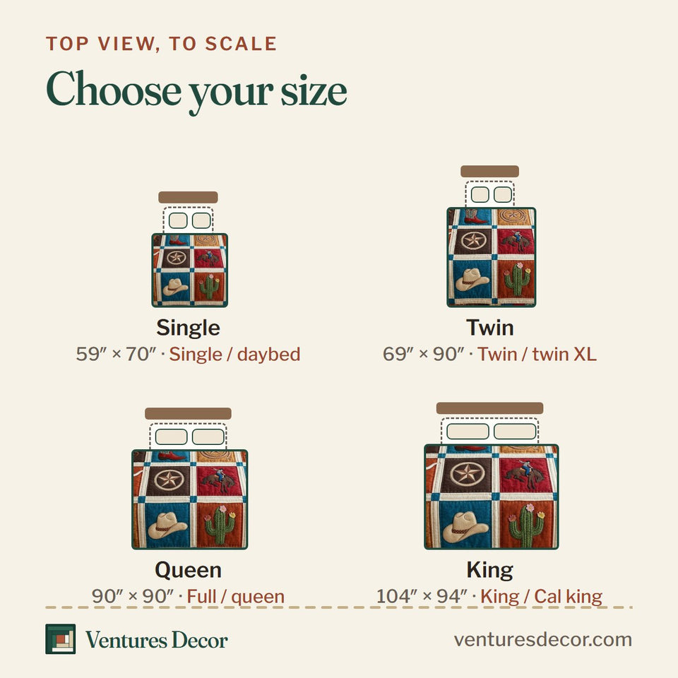 Size guide for the Western Icons Ranch Blocks quilt, top view to scale: Single 59 x 70 in, Twin 69 x 90 in, Queen 90 x 90 in, King 104 x 94 in
