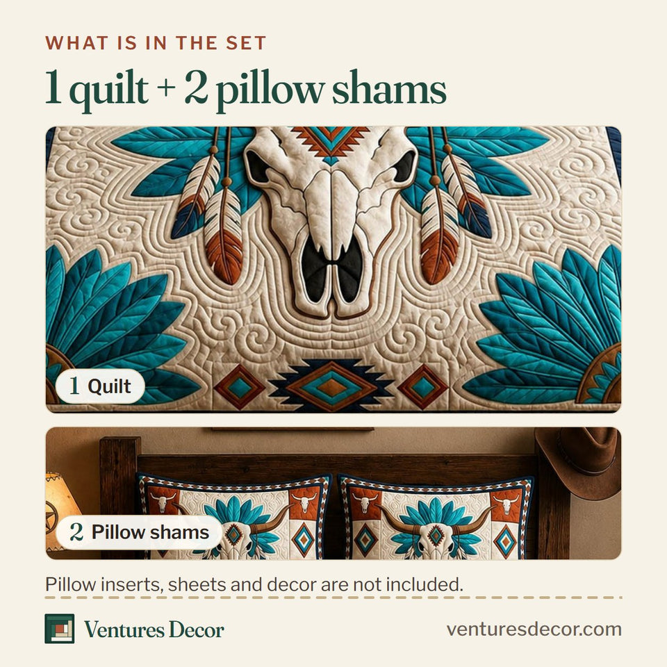 What is in the set: one quilt and two pillow shams, shown in the Western Longhorn Turquoise Feather Skull design