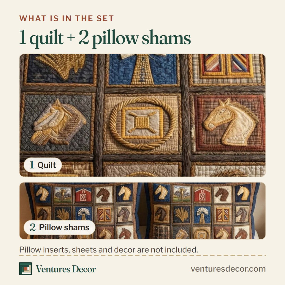 What is in the set: one quilt and two pillow shams, shown in the Western Patch Ranch Barn Blocks design