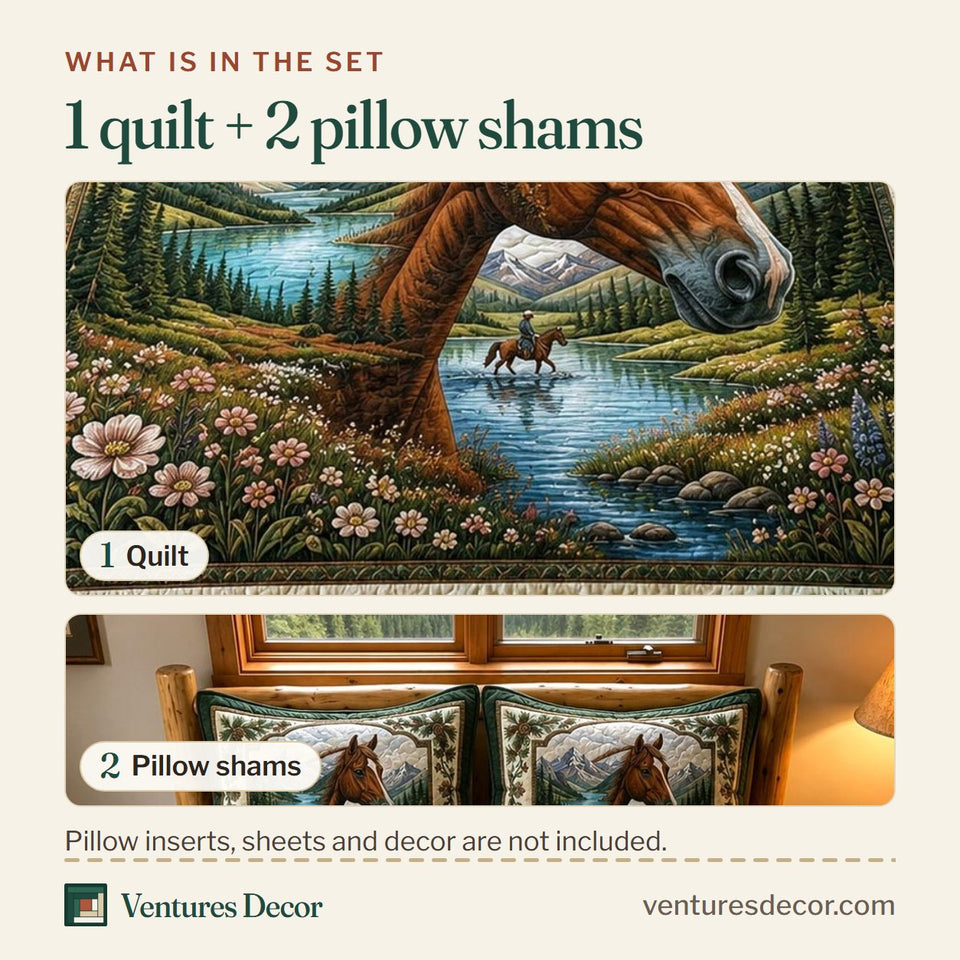 What is in the set: one quilt and two pillow shams, shown in the Western Soul At The Mountain Lake design