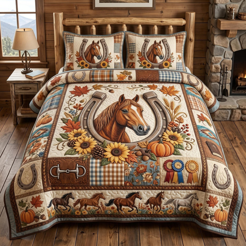 Western Soul Blue Ribbon Autumn Wreath quilted bedding set, quilt and two pillow shams on a made bed