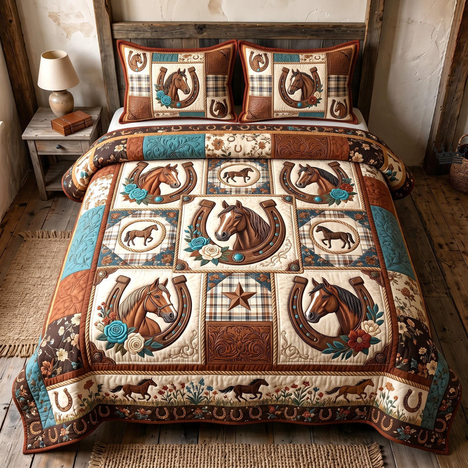 Western Soul Brown And Teal Block Sampler quilted bedding set, quilt and two pillow shams on a made bed
