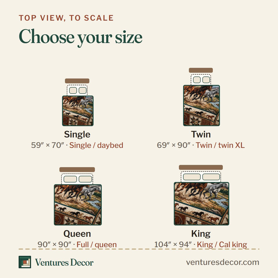 Size guide for the Western Soul Herd Crossing The River quilt, top view to scale: Single 59 x 70 in, Twin 69 x 90 in, Queen 90 x 90 in, King 104 x 94 in