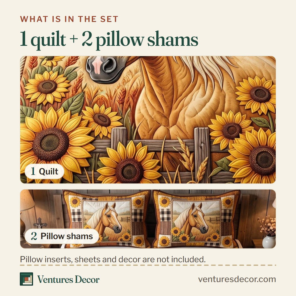 What is in the set: one quilt and two pillow shams, shown in the Western Soul Palomino In The Sunflowers design