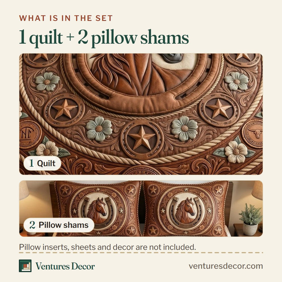 What is in the set: one quilt and two pillow shams, shown in the Western Soul Tooled Leather Medallion design