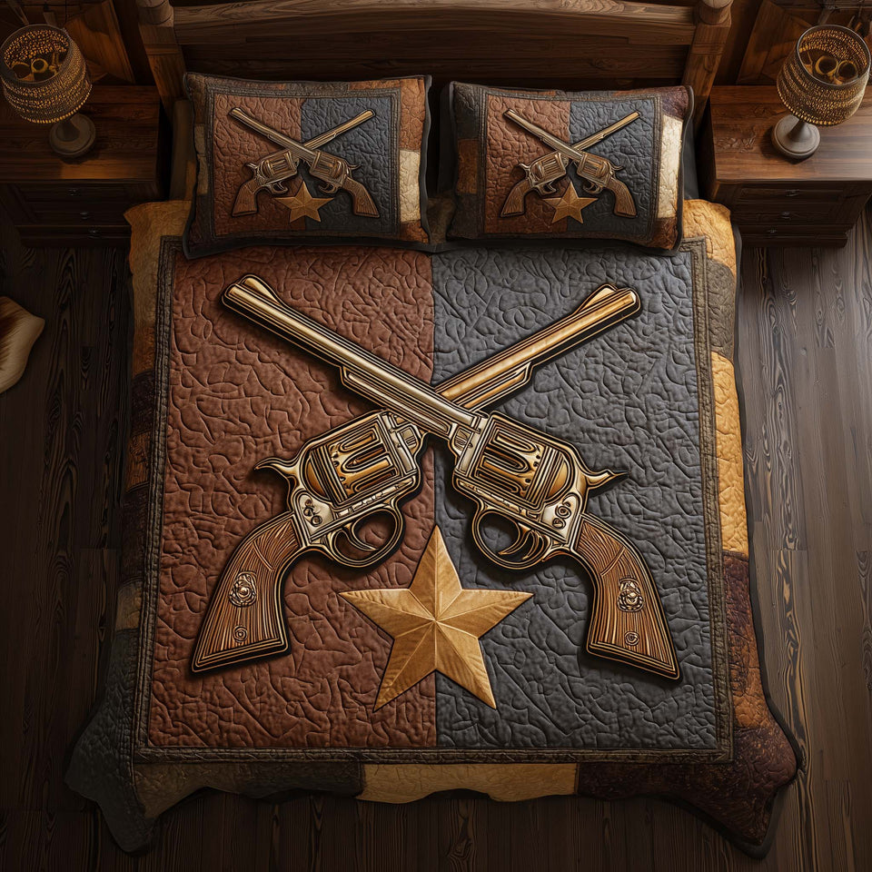 Western Star Crossed Revolvers And Star quilted bedding set, quilt and two pillow shams on a made bed