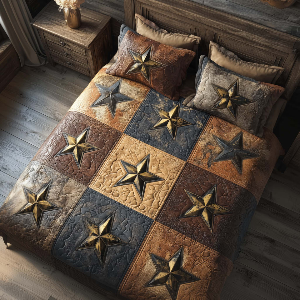 Western Star Gold Stars On Checkerboard quilted bedding set, quilt and two pillow shams on a made bed