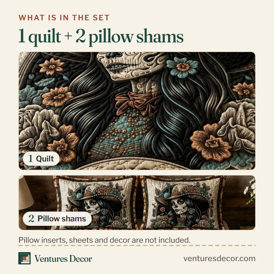 What is in the set: one quilt and two pillow shams, shown in the Western Sugar Skull Cowgirl design