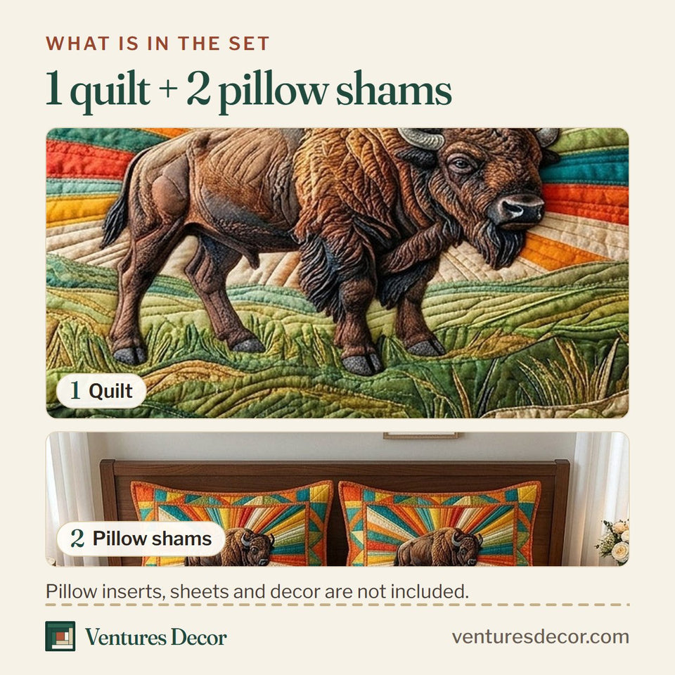 What is in the set: one quilt and two pillow shams, shown in the Western Trails Bison Sunburst design