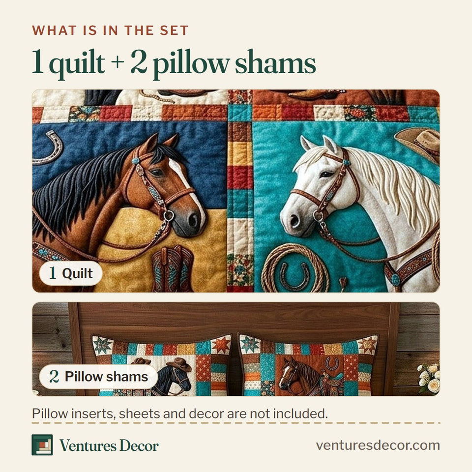 What is in the set: one quilt and two pillow shams, shown in the Western Trails Horse Block Sampler design