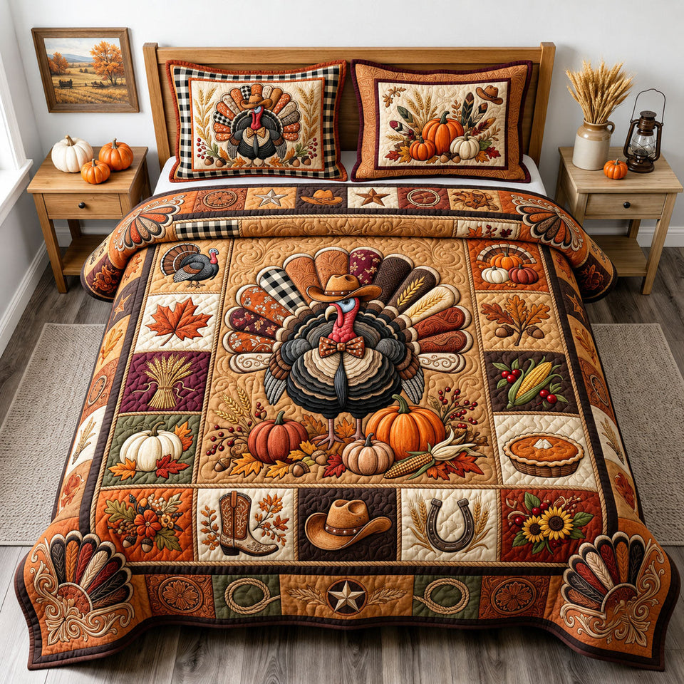 Western Turkey quilted bedding set, quilt and two pillow shams on a made bed