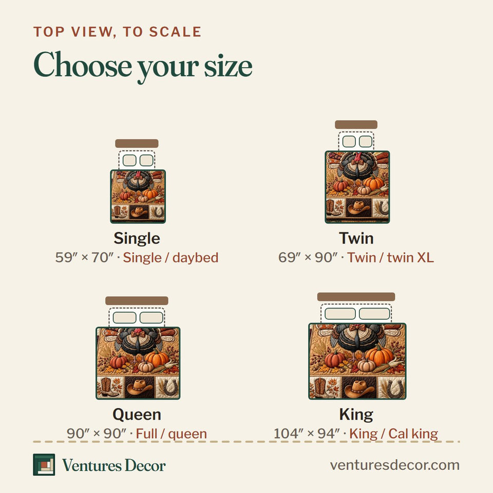 Size guide for the Western Turkey quilt, top view to scale: Single 59 x 70 in, Twin 69 x 90 in, Queen 90 x 90 in, King 104 x 94 in
