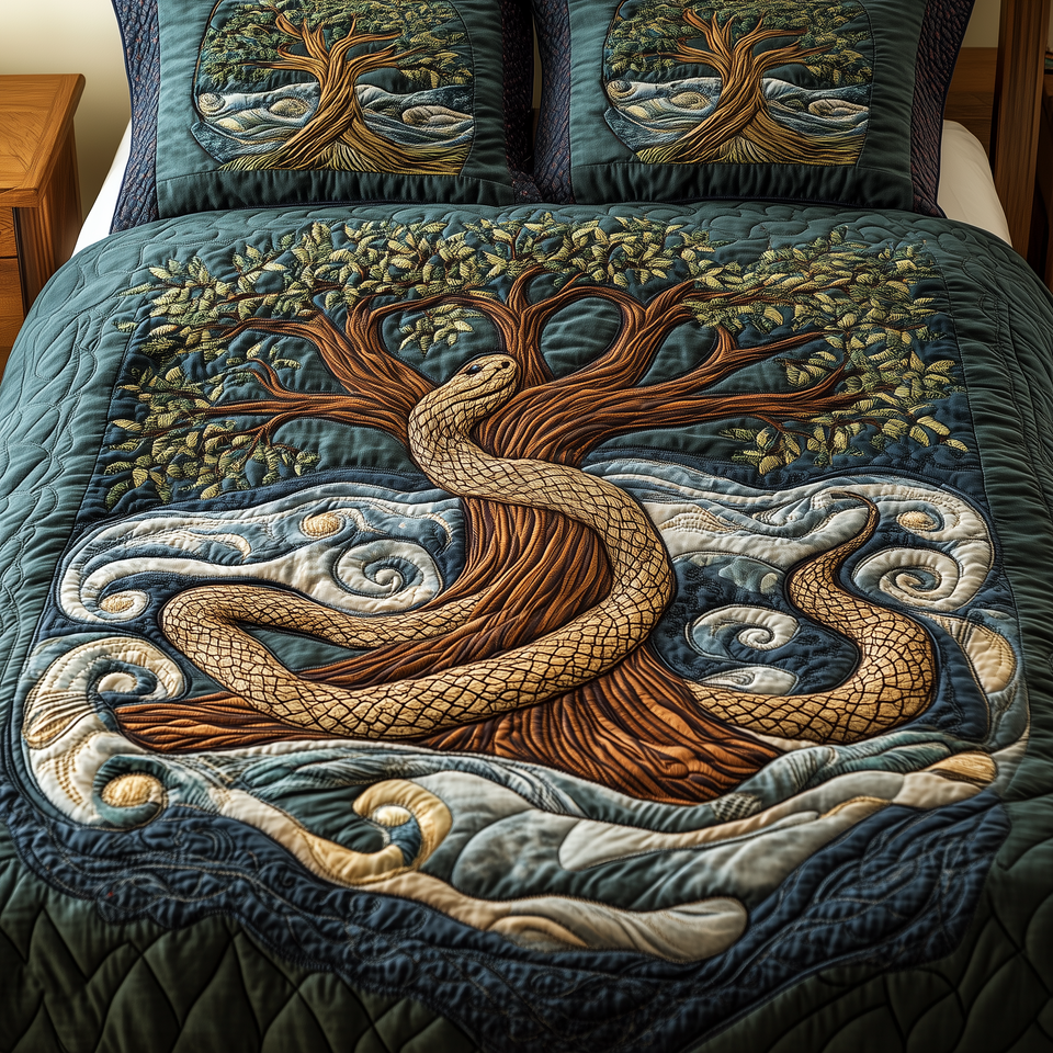 Wheel Of Eternity Serpent Above White Swells quilted bedding set, quilt and two pillow shams on a made bed