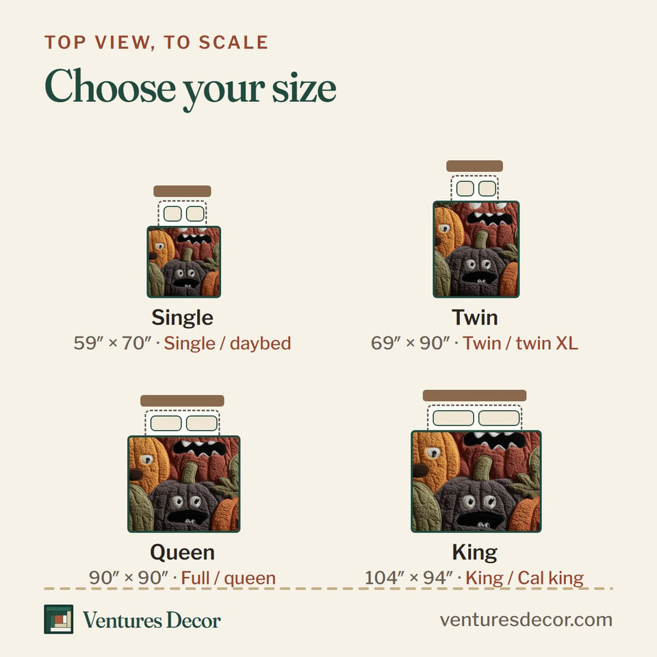 Size guide for the Whimsical Pumpkin Goofy Face Patch quilt, top view to scale: Single 59 x 70 in, Twin 69 x 90 in, Queen 90 x 90 in, King 104 x 94 in
