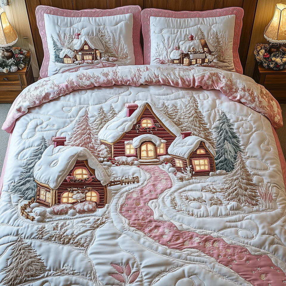 Whimsical Winter Pink Path To The Cottage quilted bedding set, quilt and two pillow shams on a made bed