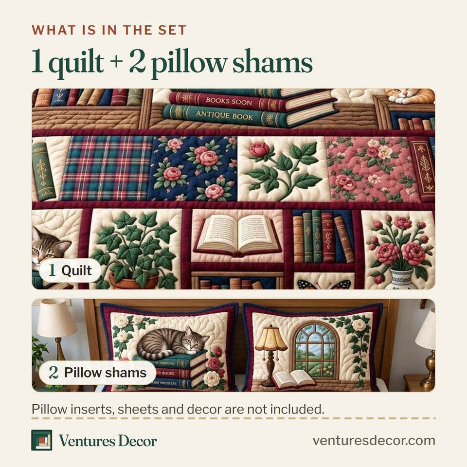 What is in the set: one quilt and two pillow shams, shown in the Whiskers And Books Quilt Set, 3-Piece Quilted Bedding with 2 Pillow Shams design