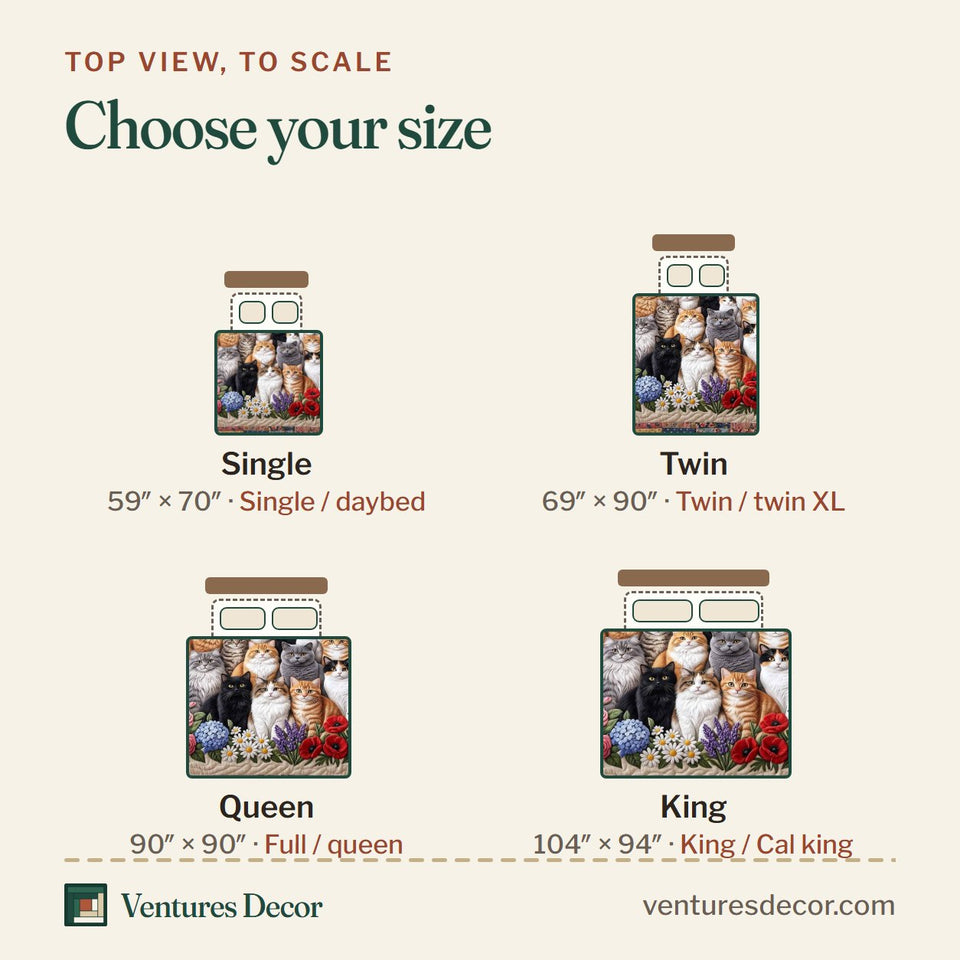 Size guide for the Whiskers Garden Cats Among Roses And Sunflowers quilt, top view to scale: Single 59 x 70 in, Twin 69 x 90 in, Queen 90 x 90 in, King 104 x 94 in