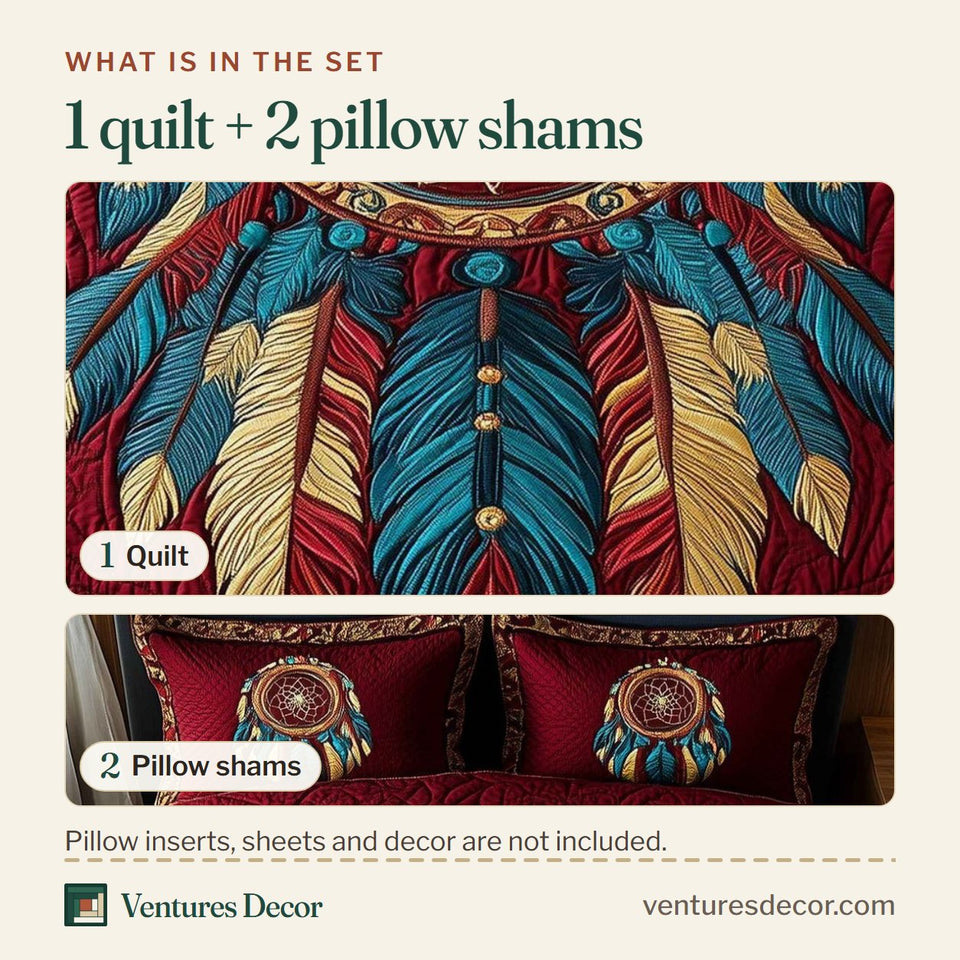 What is in the set: one quilt and two pillow shams, shown in the Whispering Dreams Crimson Catcher design