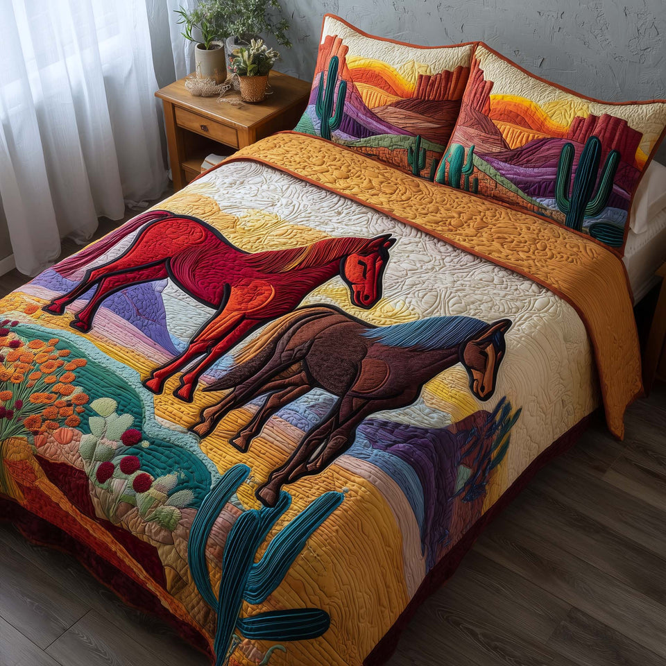 Whispering Hooves Desert Canyon Pair quilted bedding set, quilt and two pillow shams on a made bed