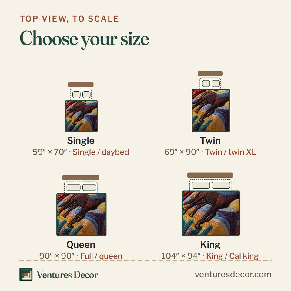 Size guide for the Whispering Hooves Desert Canyon Pair quilt, top view to scale: Single 59 x 70 in, Twin 69 x 90 in, Queen 90 x 90 in, King 104 x 94 in