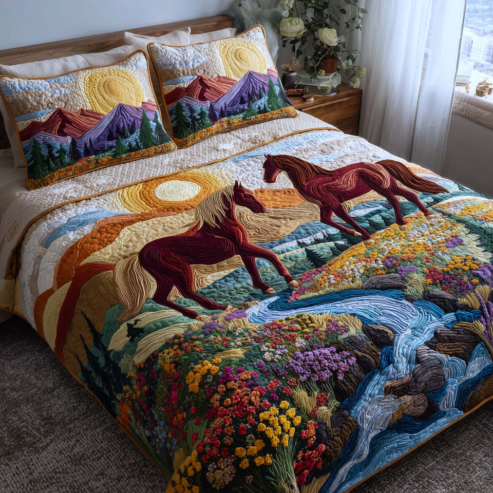 Whispering Hooves Wildflower Waterfall quilted bedding set, quilt and two pillow shams on a made bed