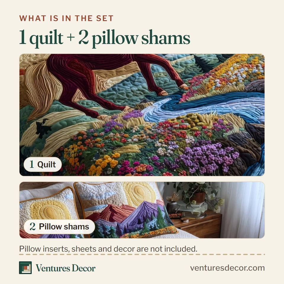What is in the set: one quilt and two pillow shams, shown in the Whispering Hooves Wildflower Waterfall design