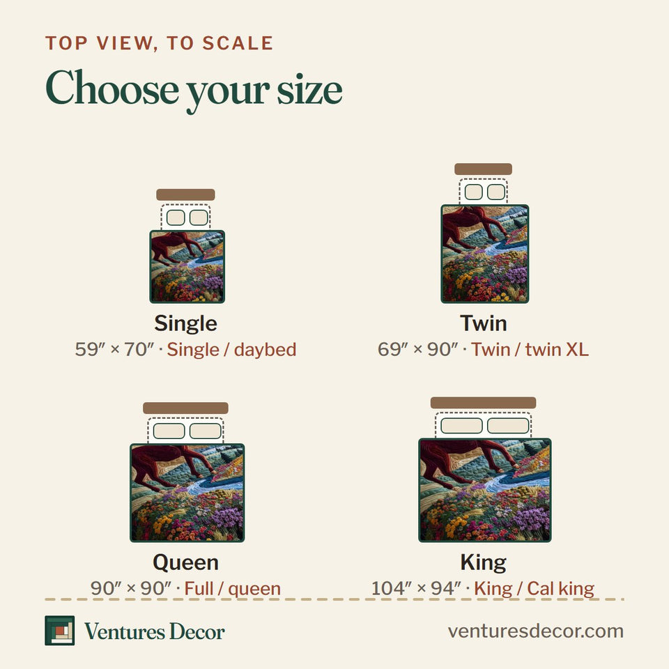 Size guide for the Whispering Hooves Wildflower Waterfall quilt, top view to scale: Single 59 x 70 in, Twin 69 x 90 in, Queen 90 x 90 in, King 104 x 94 in