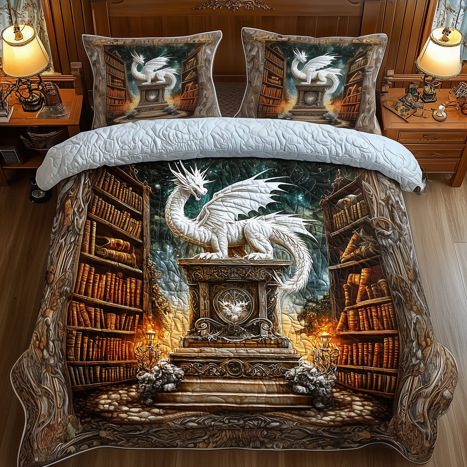 White Dragon Library Keeper quilted bedding set, quilt and two pillow shams on a made bed
