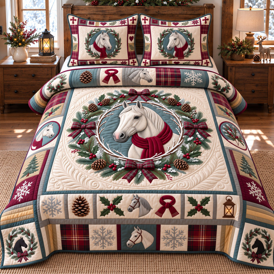 White Horse Wreath quilted bedding set, quilt and two pillow shams on a made bed