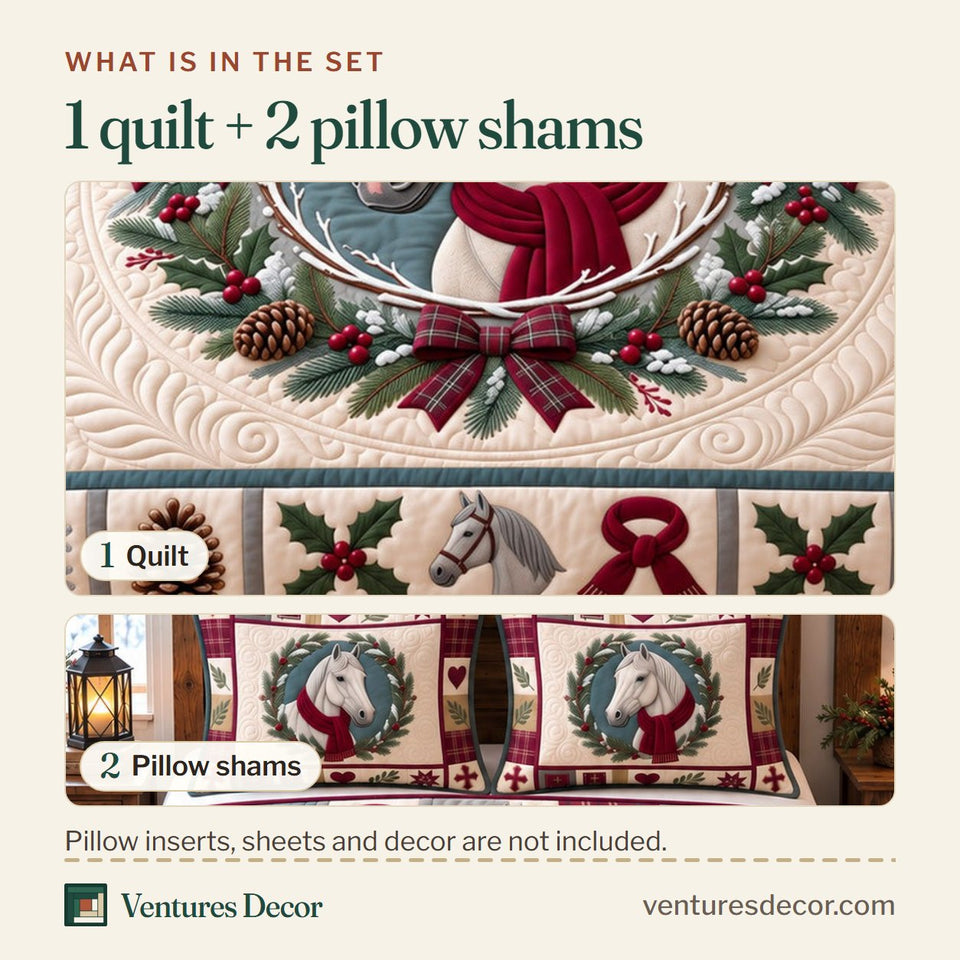 What is in the set: one quilt and two pillow shams, shown in the White Horse Wreath Quilt Set, 3-Piece Quilted Bedding with 2 Pillow Shams design