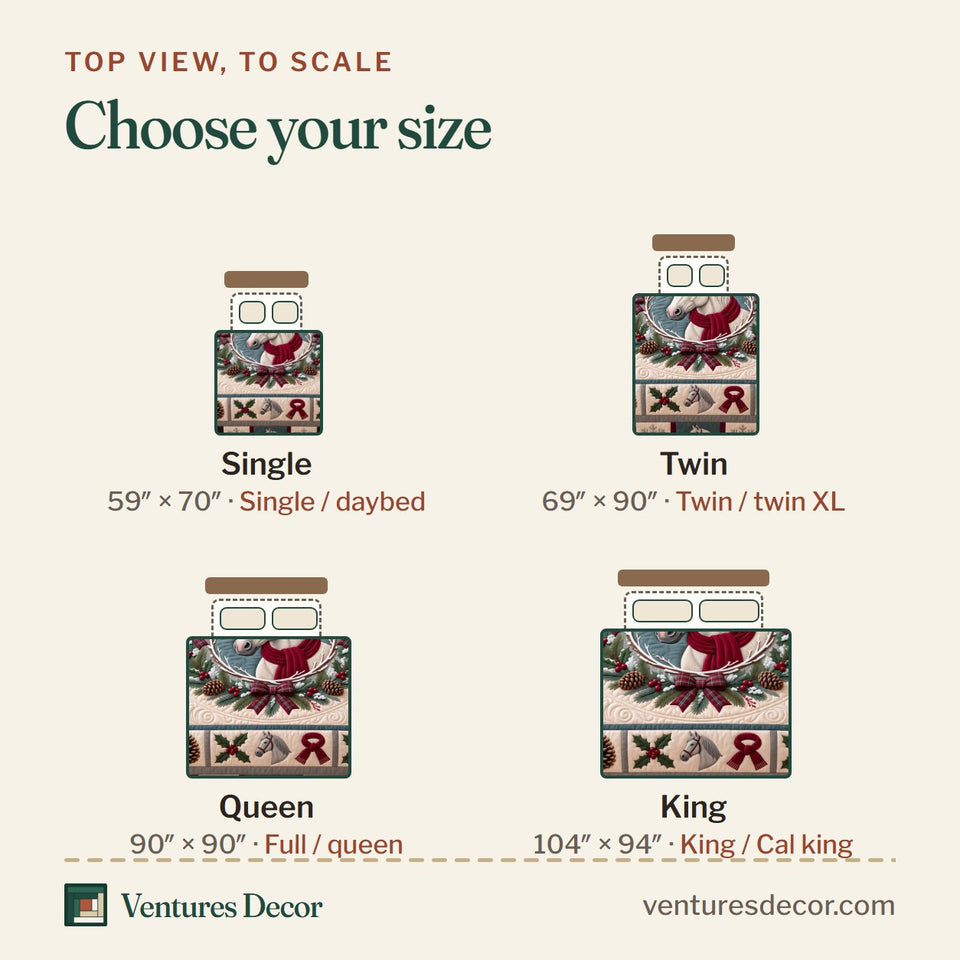 Size guide for the White Horse Wreath Quilt Set, 3-Piece Quilted Bedding with 2 Pillow Shams quilt, top view to scale: Single 59 x 70 in, Twin 69 x 90 in, Queen 90 x 90 in, King 104 x 94 in