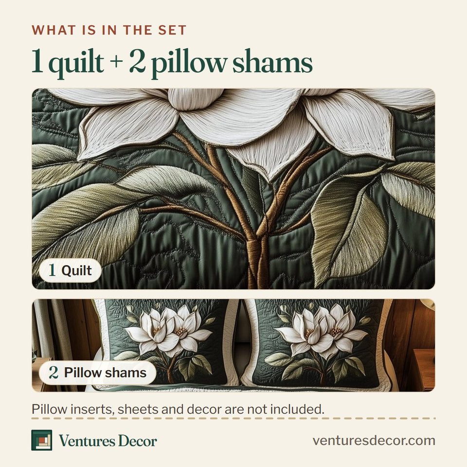 What is in the set: one quilt and two pillow shams, shown in the White Magnolia Grace design