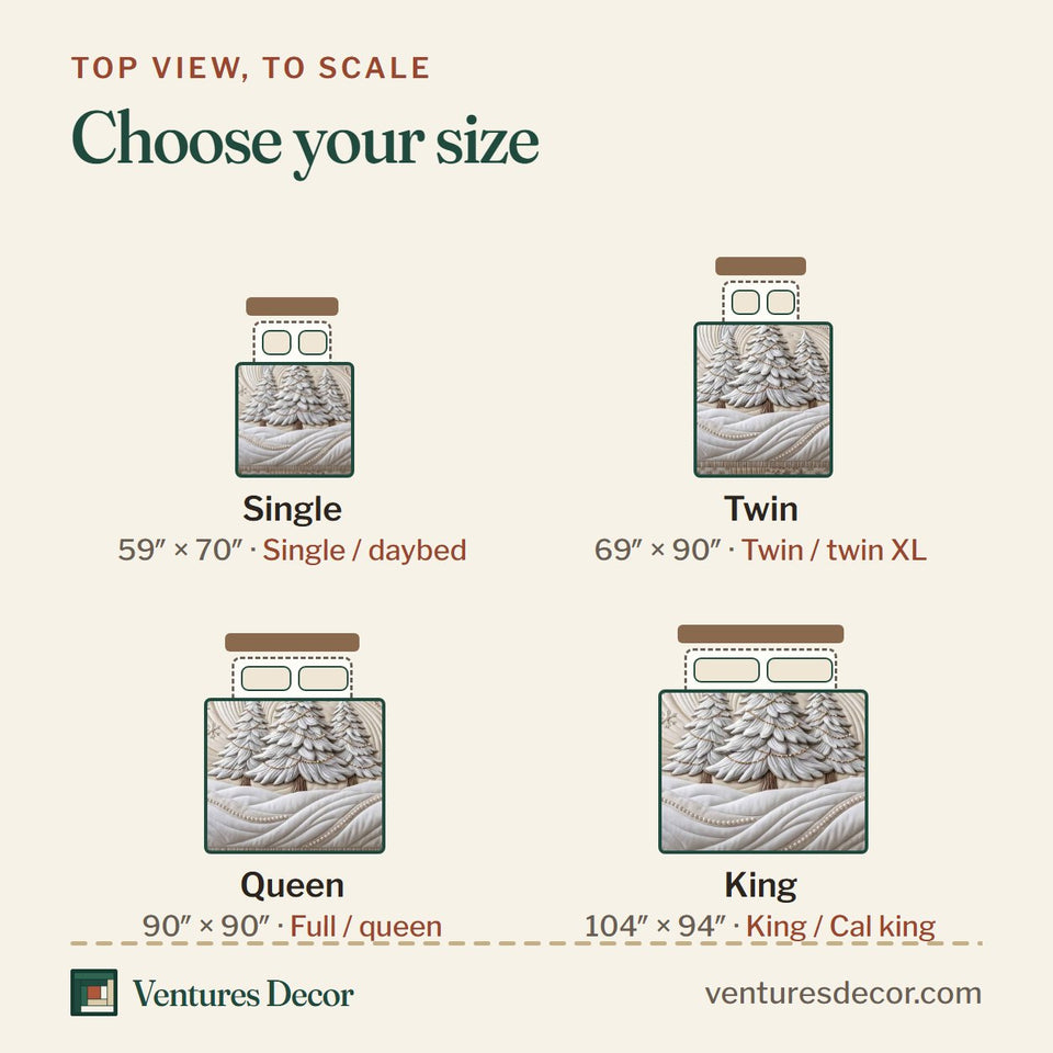 Size guide for the White Pine Snowdrift quilt, top view to scale: Single 59 x 70 in, Twin 69 x 90 in, Queen 90 x 90 in, King 104 x 94 in